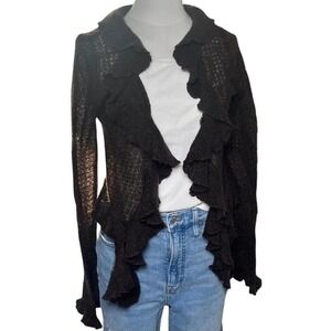 Boho Fairycore Ruffle Knit Cardigan Brown Romantic Victorian Open Front Small